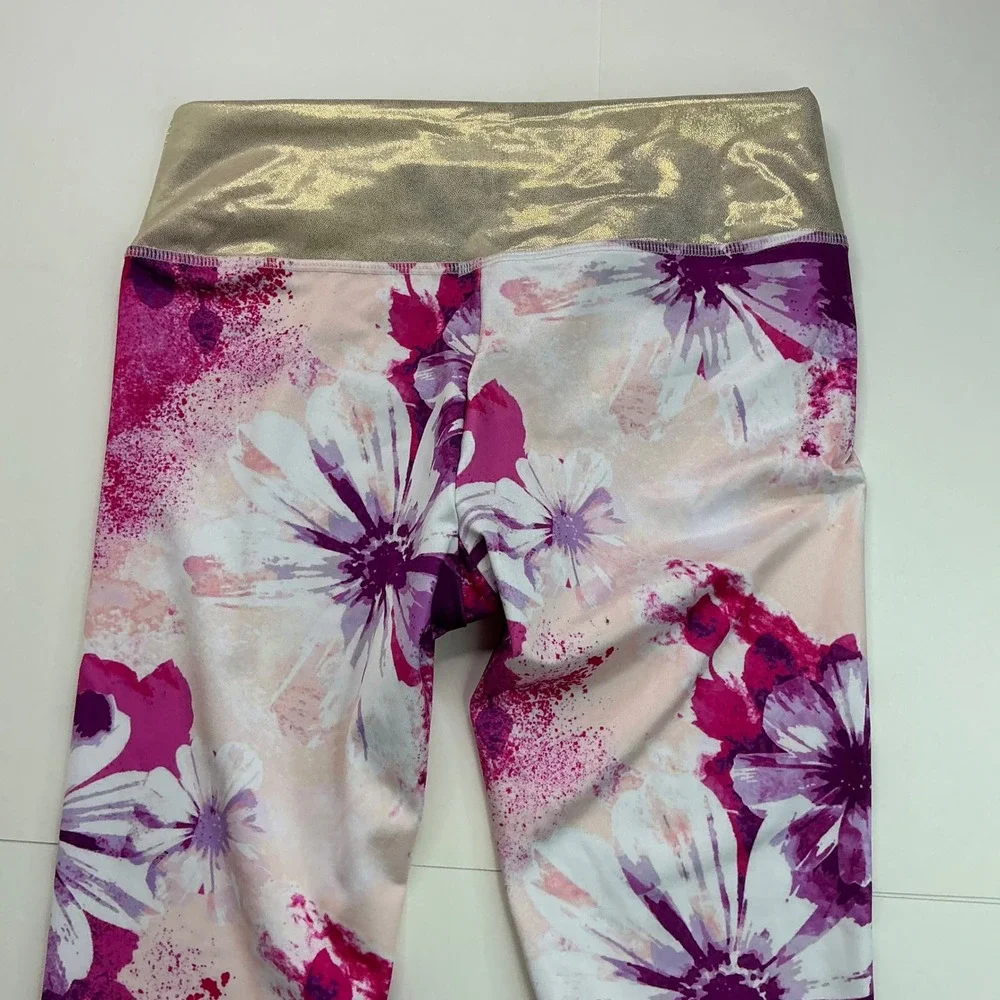 Justice Multi Pink Floral Leggings Kids Size L 12/14 Gold Metallic Waistband